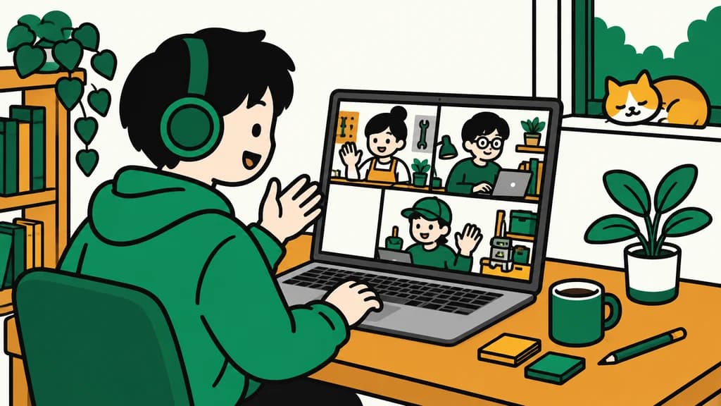 ヘッドホンを付けた人がノートパソコンのビデオ通話で、他のメンバーと一緒に作業しているイラスト