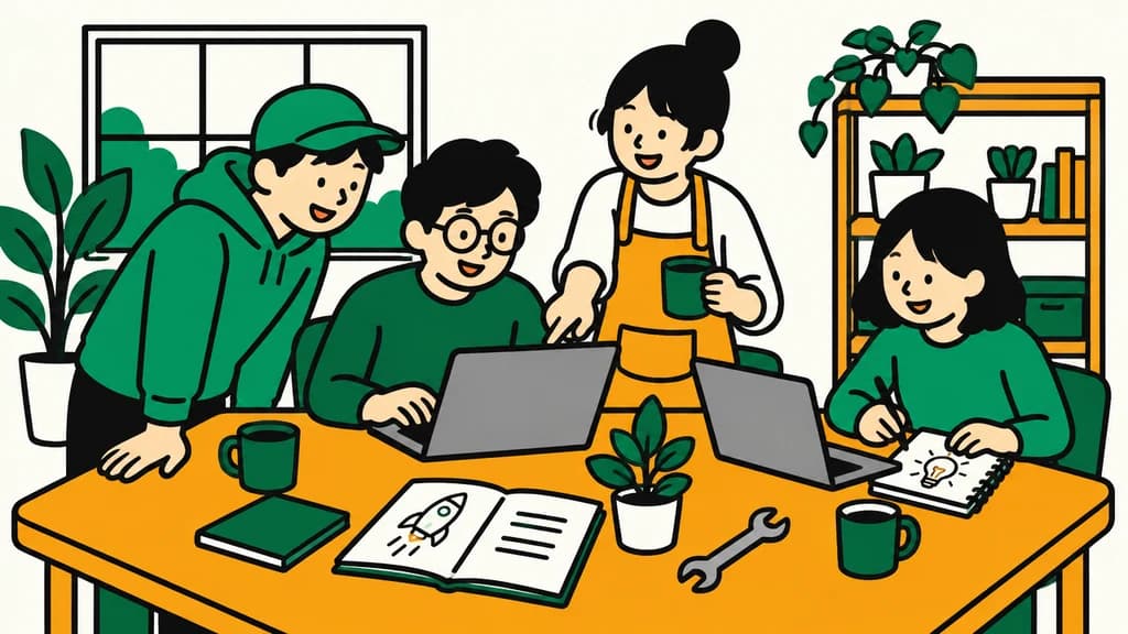 メンバーが1つの大きな机を囲んで、ノートパソコンを開いて一緒に作業しているイラスト